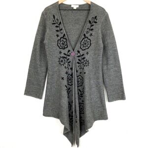WHITEWASH 100% Wool Embroidered Cardigan Sz L Gray‎ Navy Boho One Button Sweater